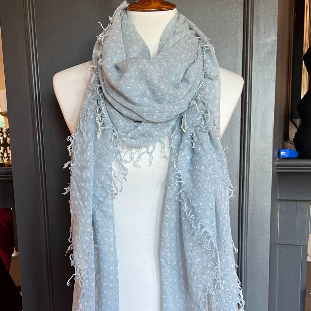 New Auth Chan Luu Polka Dot Print Cashmere Silk Scarf Color: Stone Blue